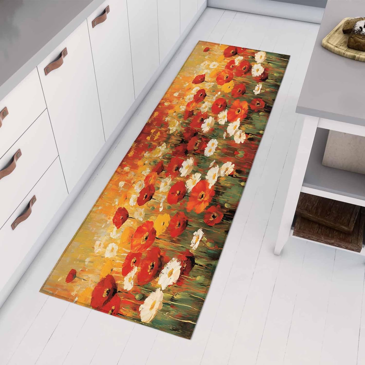 Teamery Kitchen Mats for Floor Vintage Watercolor Red White Poppy Washable Non Slip Kitchen Rugs 1PCS, Pastoral Blossom Flower Absorbent Standing Mats for Sink Bathroom Office Living Room 15.7x47.2in