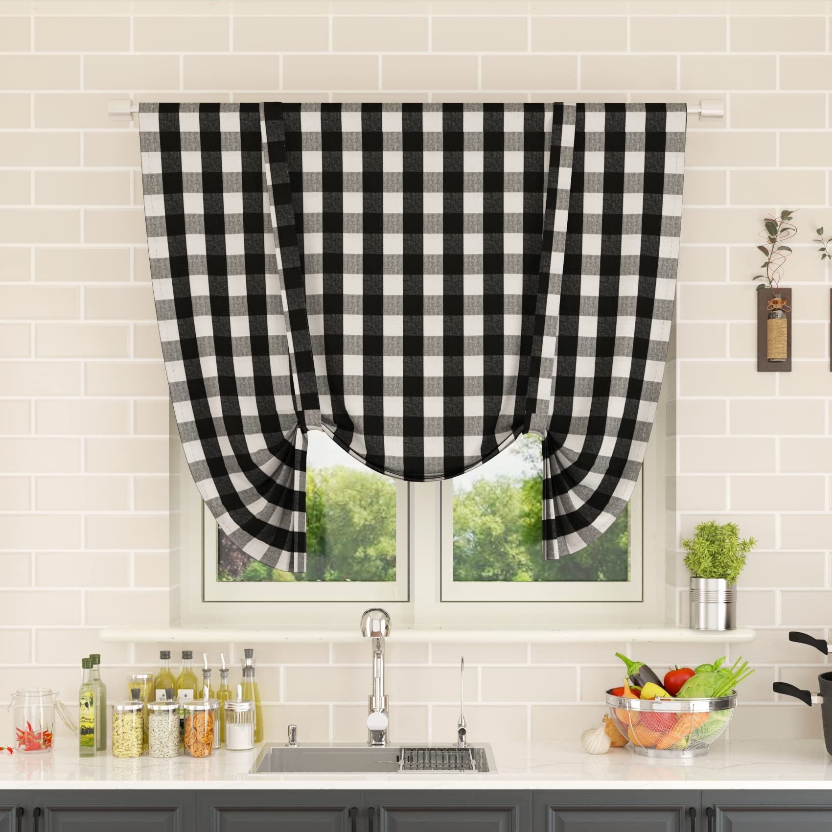 Tie Up Curtain for Kitchen Window Buffalo Check Adjustable Tie Up Shades Plaid Gingham Farmhouse Rod Pocket for Bathroom, 42 x 45 Inches, 1 Panel