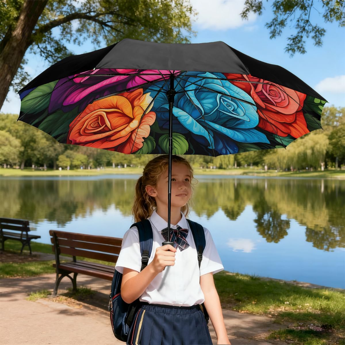 Retro Colorful Rose Flower Folding Umbrella Windproof Compact Lightweight Travel Umbrella with 8 Reinforced Ribs, Portable UV Sun & Rain Protection for Men & Women