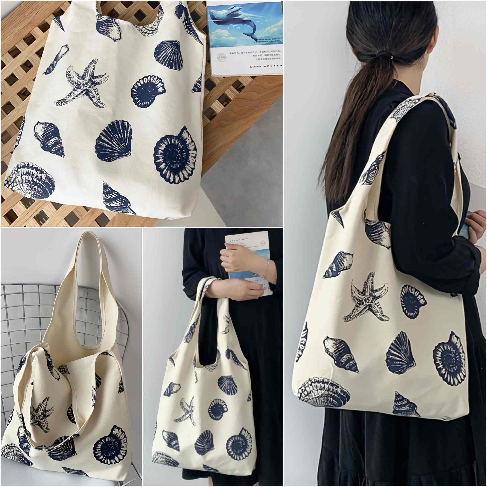 Beach Inspired Canvas Tote Bag For Women, Nautical Seashell And Starfish Print, Casual Shoulder Bag Aesthetic, Cute Small Book Tote, Portable Washable For Women Grocery Shopping Gift For Birthday Day