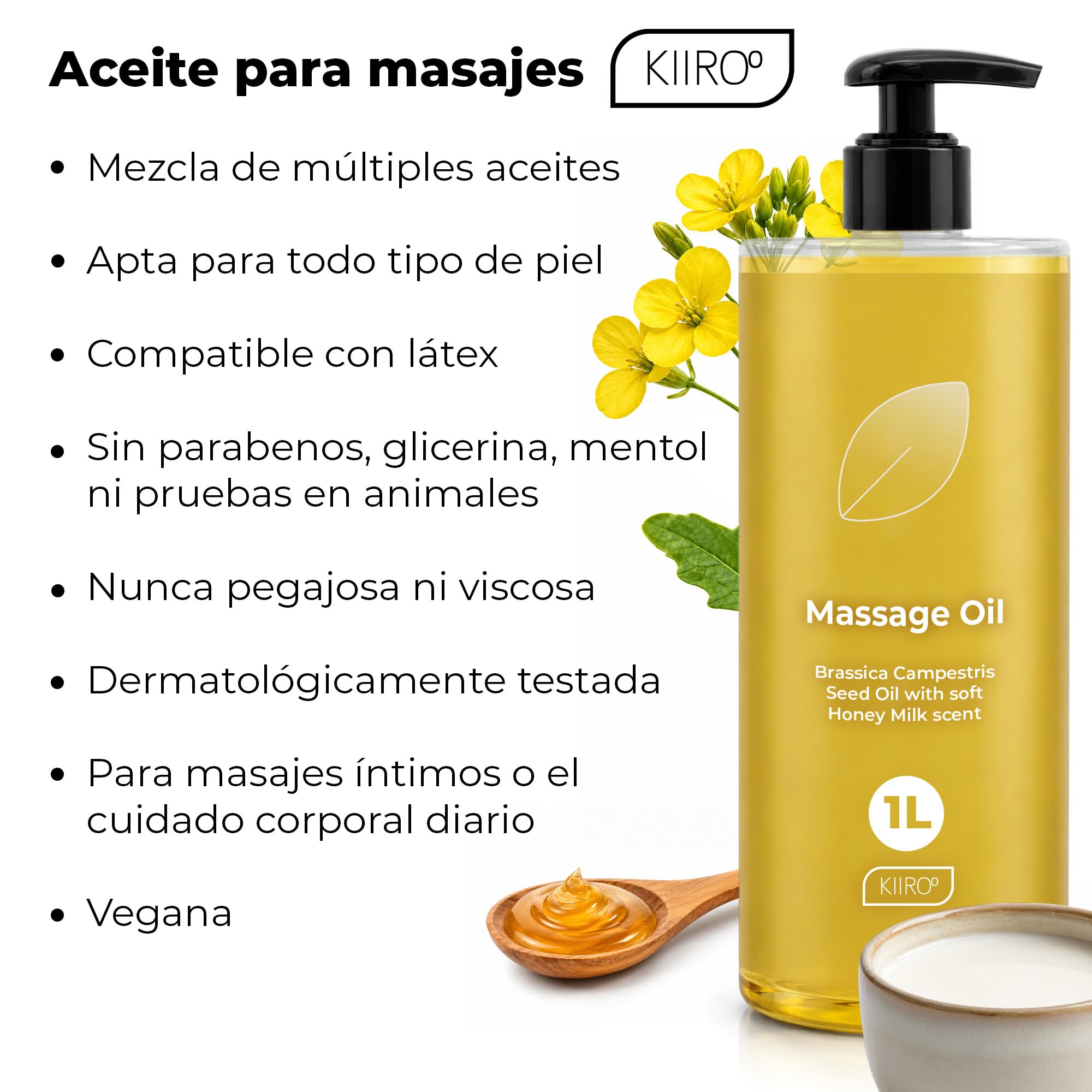 KIIROO Aceite Corporal Nutritivo 1L con Aceite de Brassica y Vitamina E – Sensual Massage Oil de Textura Ligera y Absorción Rápida – Body Oil para Cuidado de la Piel y Masaje Diario