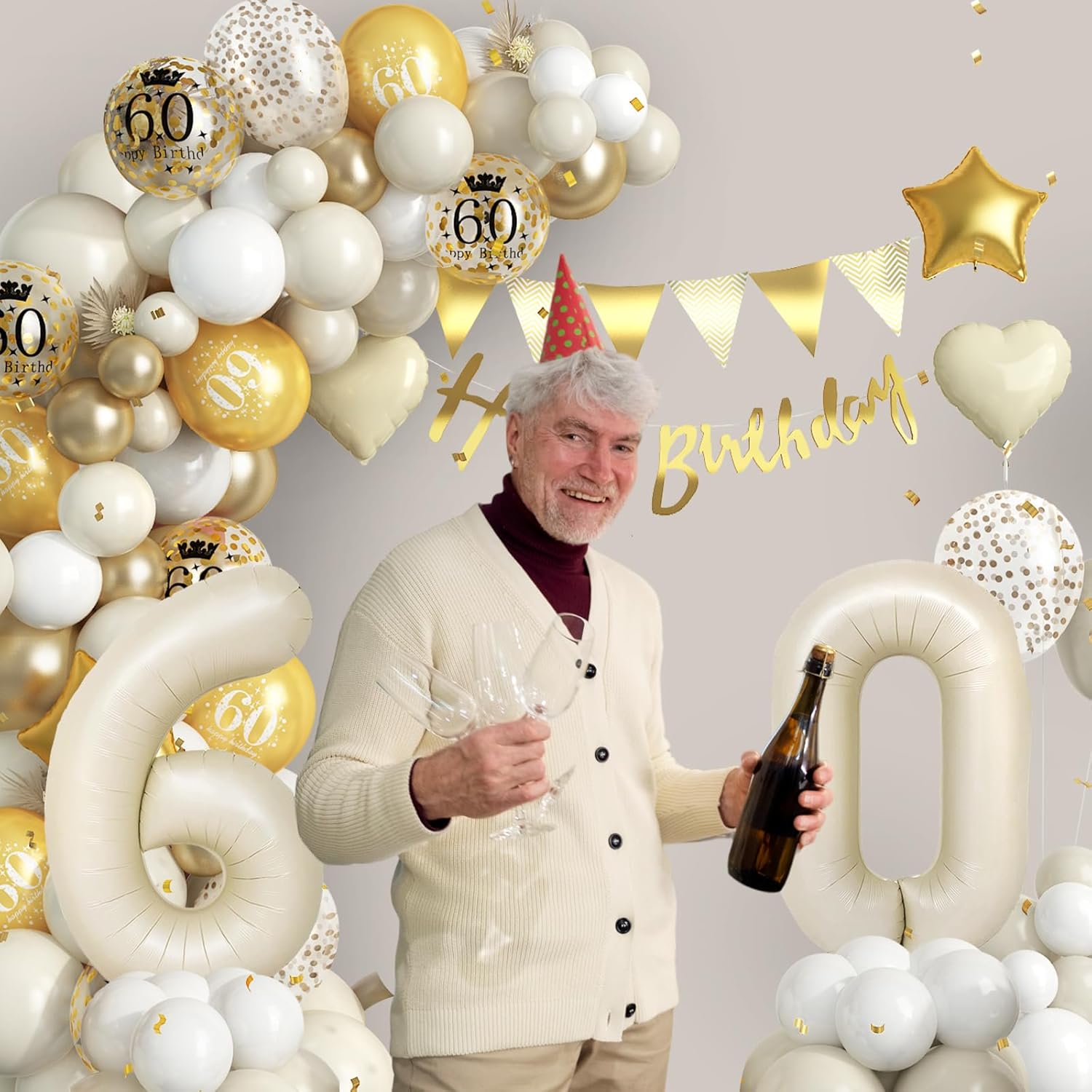 60th Birthday Decorations Sand White Gold,60th Balloon Arch Garland Kit With Number 60 Foil Balloons,Happy Birthday Banner for Women Men 60 Party Decoration - Image 4