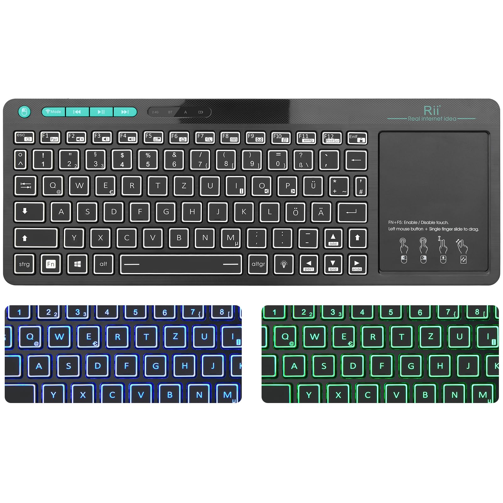 Rii Bluetooth Tastatur mit touchpad(Bluetooth 5.0 + 2.4G Wireless), Mini Tastatur Beleuchtet mit 2 LED Hinterleuchtet(Deutsches Layout, schwarz)