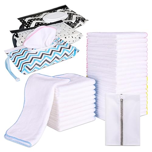 Paquete de 30 toallitas de tela para bebé con 3 dispensadores, pañales reutilizables para bebés, juego de toallitas de tela natural lavables, 100%