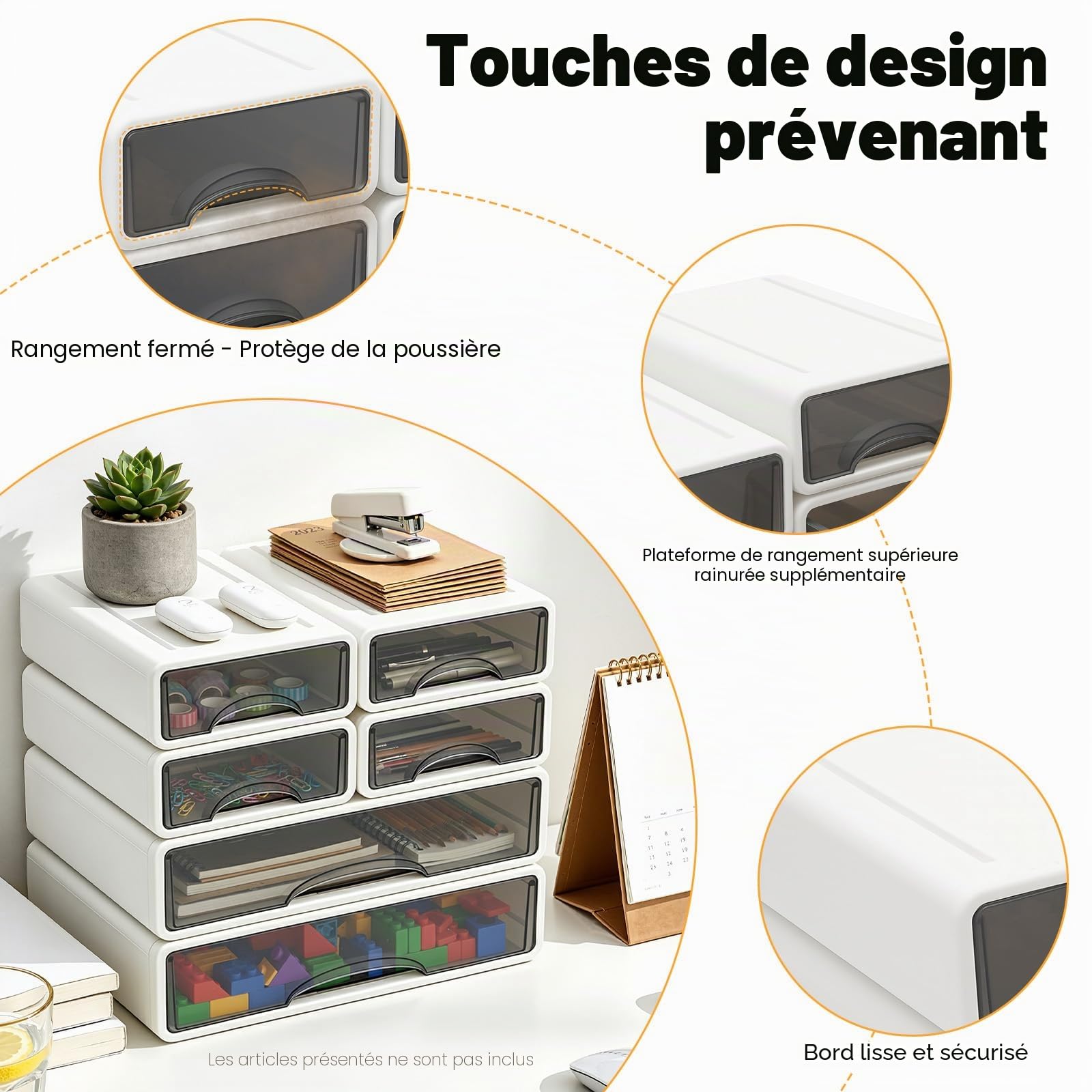 Organiseur de bureau, 6 compartiments, tiroirs fermés, empilable, en plastique, avec poignées, fournitures de bureau, pour la maison et le bureau, 34 x 25 x 33 cm, blanc