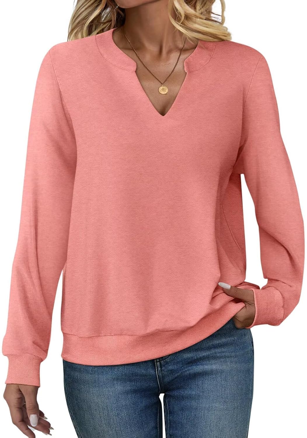 EADINVE Womens Casual Long Sleeve V Neck Sweatshirts Cute Loose Fit Lightweight Pullover Fall Clothes Tunic Tops