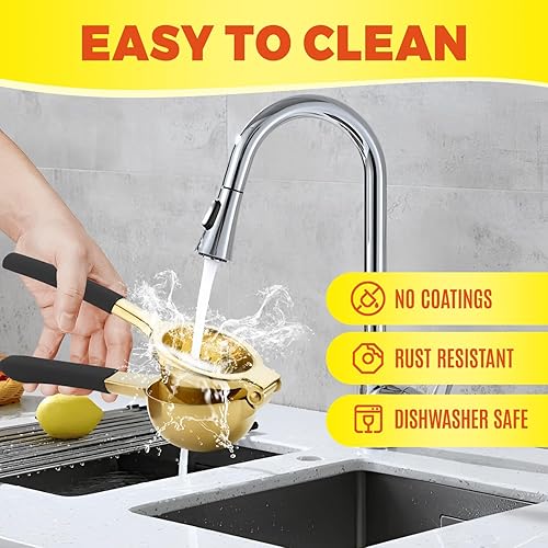 Miniatura 7 de SHIKORI Exprimidor de limón resistente dorado y negro, exprimidor manual de acero inoxidable 304, 15% más de jugo, fácil de limpiar