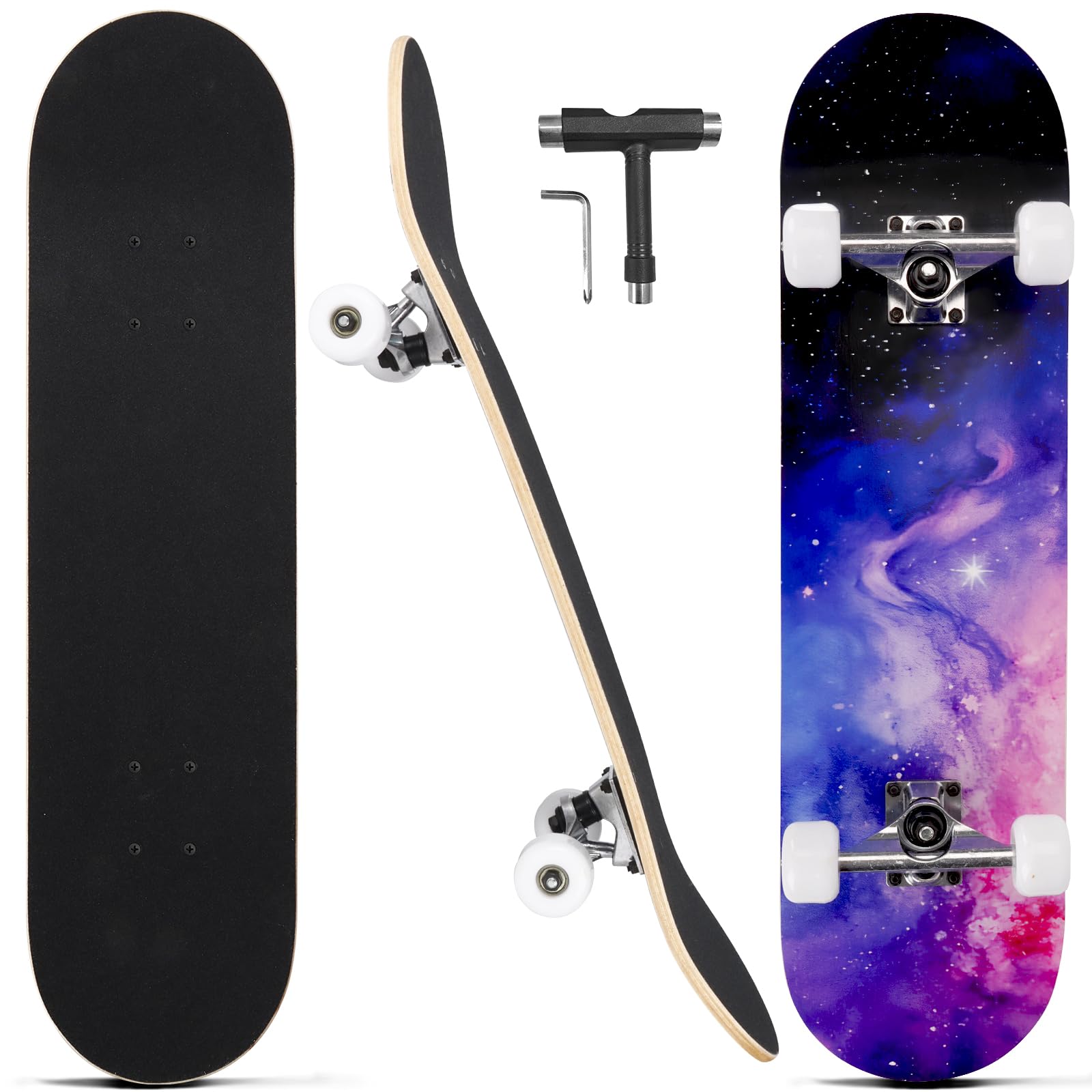 Skateboards for Beginners Adults Youths Teens Kids Girls Boys 31 Inch Pro Complete Skate Boards 7 Layer Canadian Maple Double Kick Concave Longboards