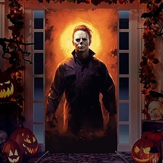 Horror Banner Halloween Door Decorations, Halloween Door Cover Banner Decorations Horror Movie Character Party Photo Background Indoor Outside Front Door Hanging Banner for Scary Halloween Party Decor