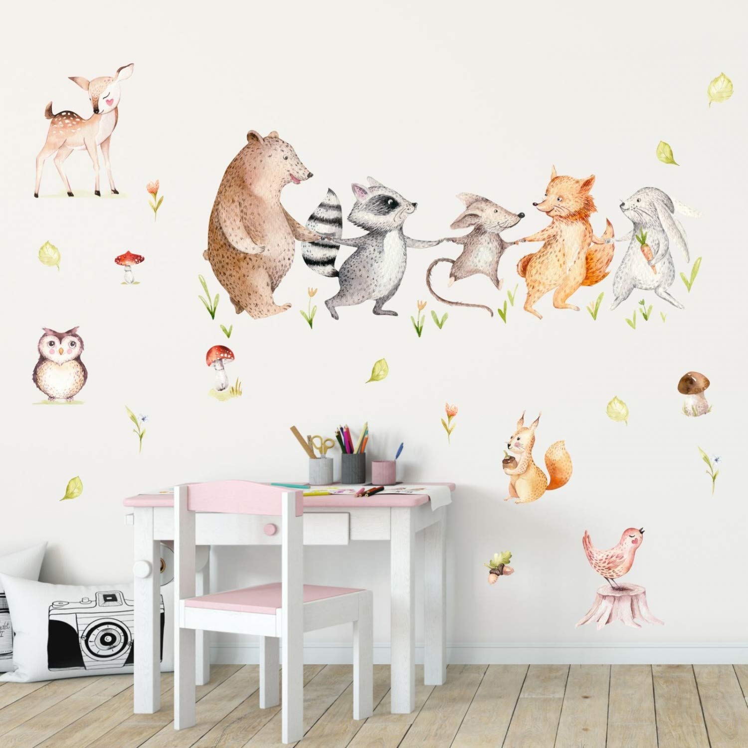 nikima Schönes für Kinder 160 adesivi da parete con orsetto forestale, topo, volpe, orso e coniglio, in 6 misure – decorazione da parete per cameretta dei bambini – Dimensioni: 2000 x 1120 mm