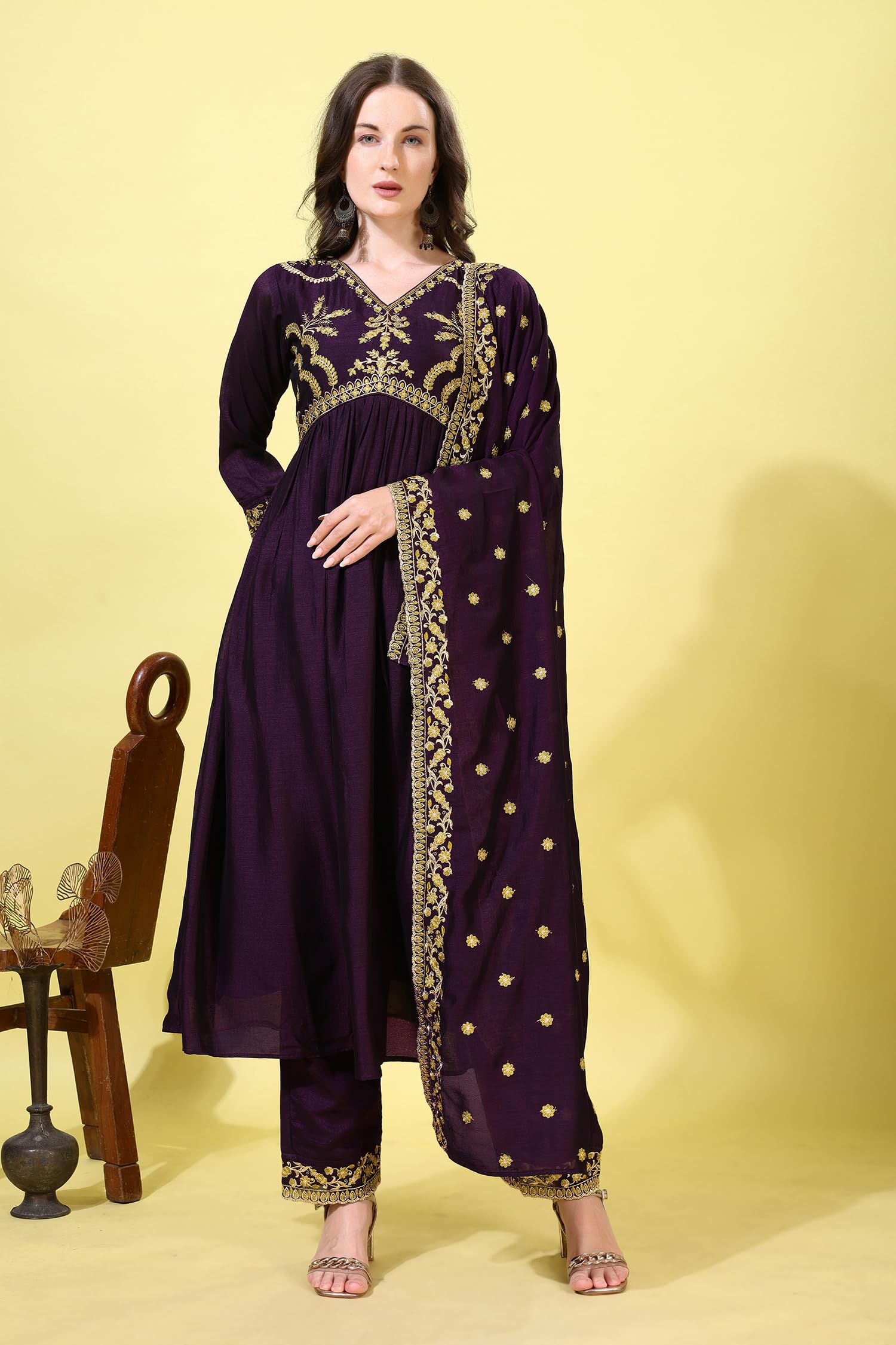 Pratham Blue Women's Silk Embroidered Regular Kurta Sets (Bkp-1009-Xl_Purple