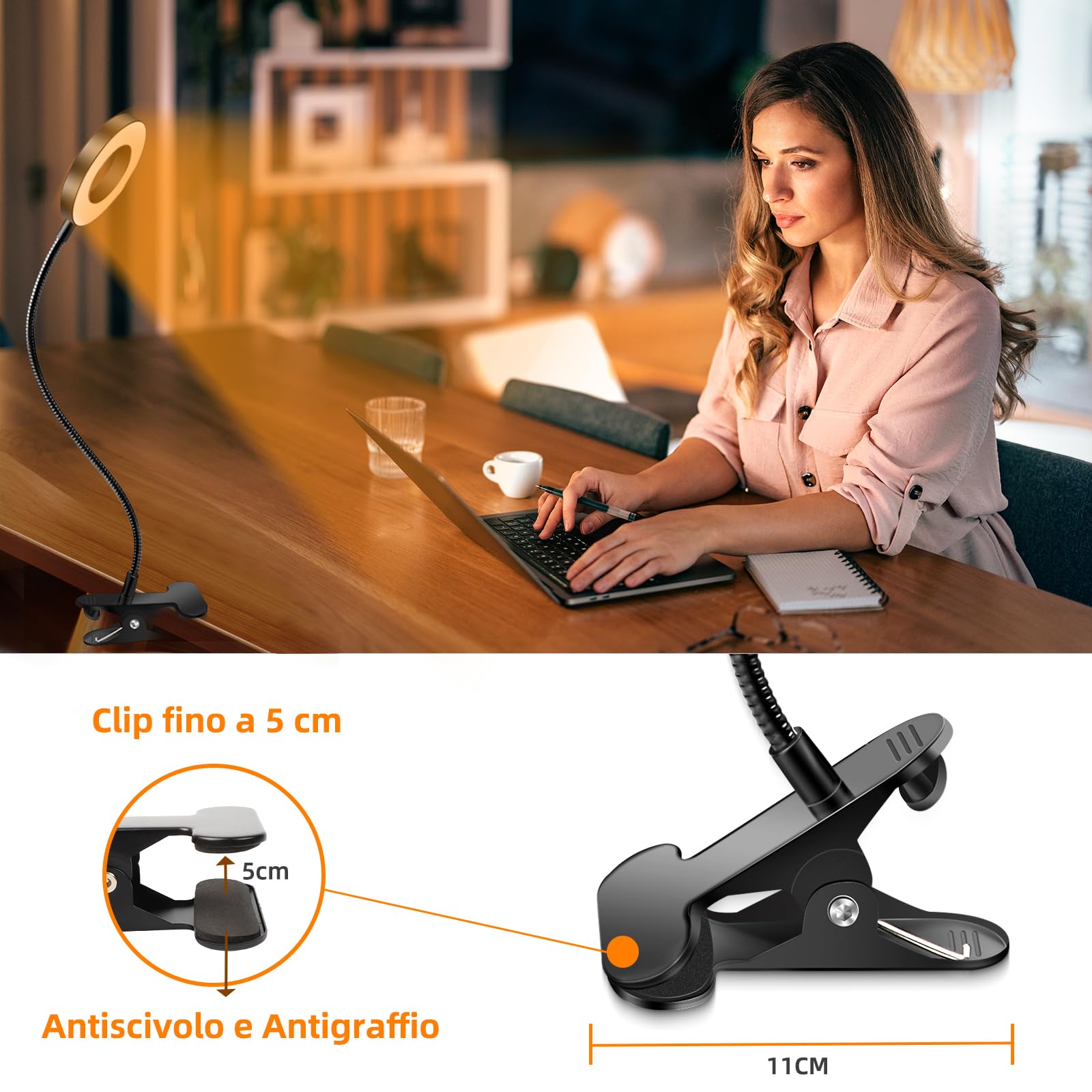 Lampada Da Scrivania USB Con Pinza - 48 LED, 3 Colori E 10 Livelli Luminosità | Regolabile 360° - Foto 3