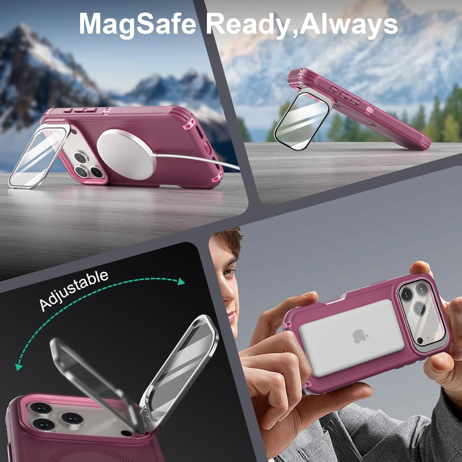 for iPhone 17 Pro Max Case with Stand & Built-in Camera Cover, MagSafe Compatible, Heavy-Duty Shockproof Protection, Magnetic & Rugged Phone Cover for iPhone 17 Pro Max 6.9'', Purple-Pink - Image 9