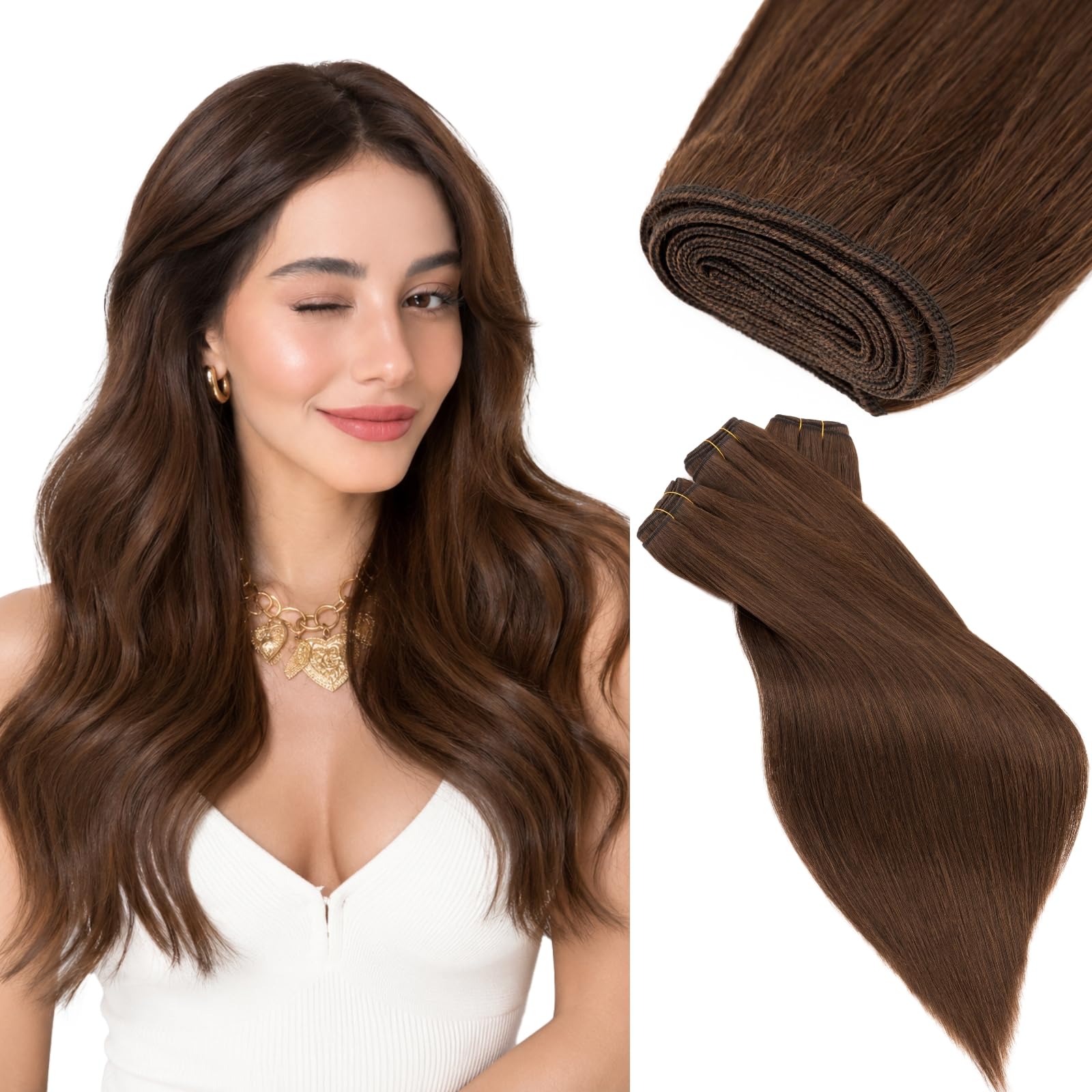 Rich Choices Weft Extensions Echthaar Tressen Zum Einnähen Extensions Haartressen Echthaar Tressen Echthaar Extensions Remy Human Hair Extensions 70cm 100g #4 Mittelbraun Extensions