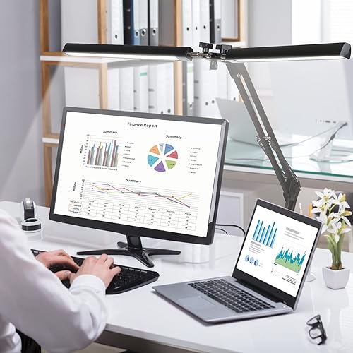 Neoglint Lámparas de escritorio para oficina en casa de doble cabeza, modernas lámparas de mesa con brazo oscilante con abrazadera, luces de