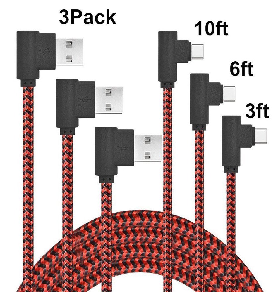 Right Angle Type C Cable 10ft 6ft 3ft 3Pack 90 Degree USB C Cable Braided Charge Data Cord Compatible Samsung Galaxy S8/S9 Plus,Moto Z Z2,Nexus 6P/5X,OnePlus 3,LG G5 G6 V20 (3/6/9 Red &Black)