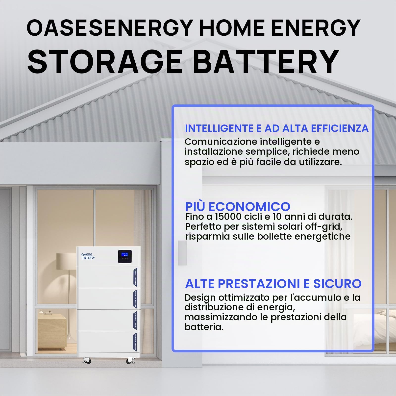 Batteria litio 48V 300Ah LiFePO4, Batteria fotovoltaico accumulo+ 5kW inverter ibrido, Impilabile Accumulatore di energia Batteria da 15kWh, ideale per Solare, Off-Grid,Centrale Elettrica