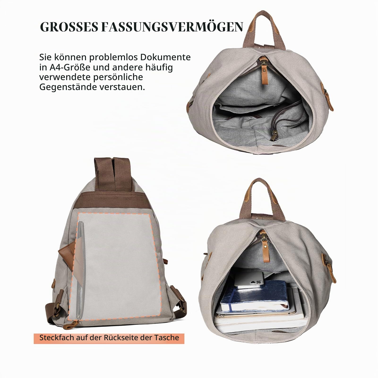 Retro Segeltuch Rucksack Canvas Vintage Rucksäcke Echtleder Daypack Reisetasche Schulterrucksack für Herren Damen (6882-Canvas-Leaden)