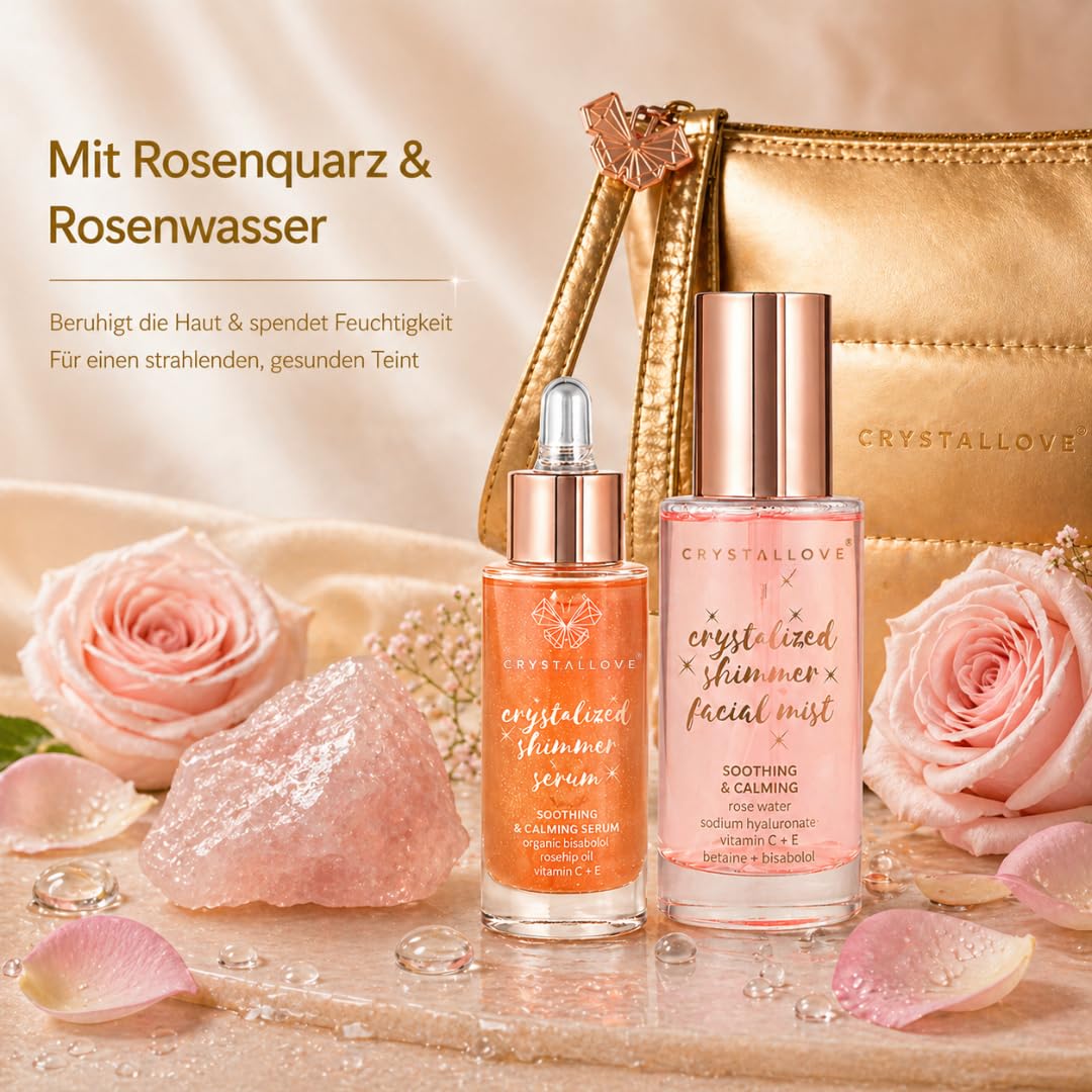 CRYSTALLOVE Rose Quartz Skincare Duo – Gesichtsserum 30 ml & Face Mist 100 ml mit Rosenquarz inkl. Kosmetiktasche – luxuriöses Hautpflege Set für Feuchtigkeit, Glow & Beruhigung – Geschenkset