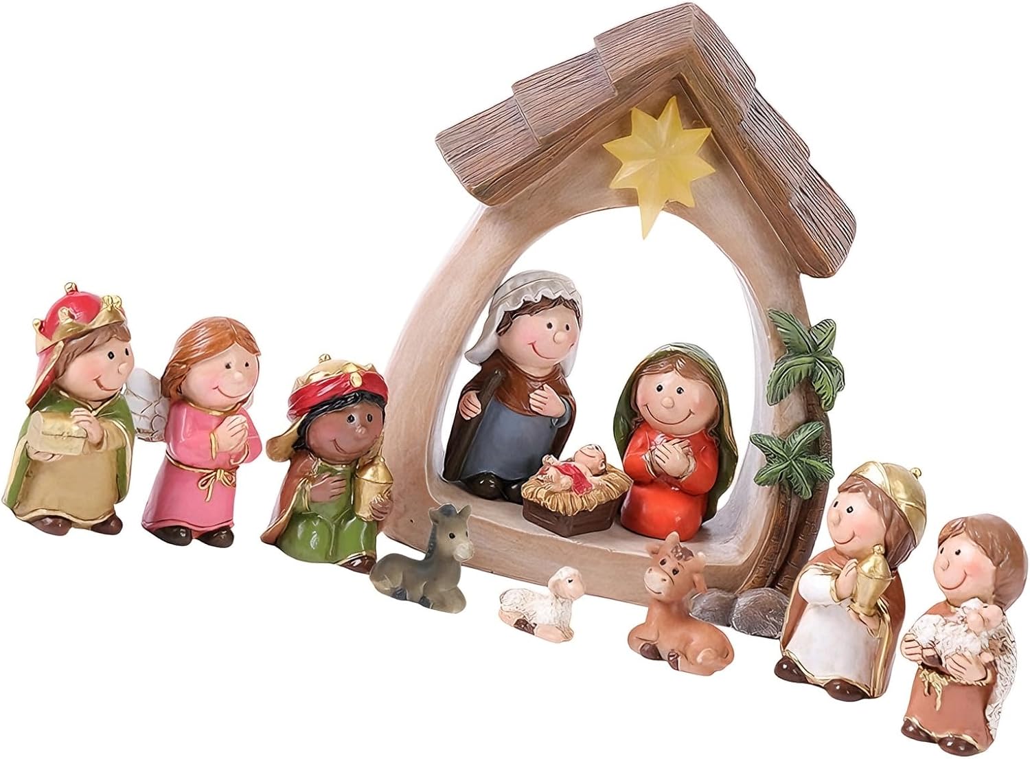 Light Up Nativity Scene Resin Christmas Jesuses Decorations with LED Light Religious Gift Tabletop Ornament Light Up Christmas Nativity Set