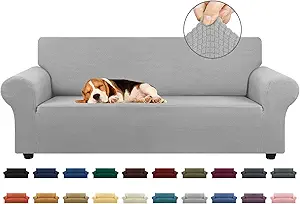 KEKUOU Stretch Sofa Cover Slipcover ,Couch Covers for 3 Cushion Couch Sofa pet Friendly (78"-94") Furniture Protector Sofa with Elastic Bottom for Kids,Dog, Jacquard Small Checked(Large,Silver)