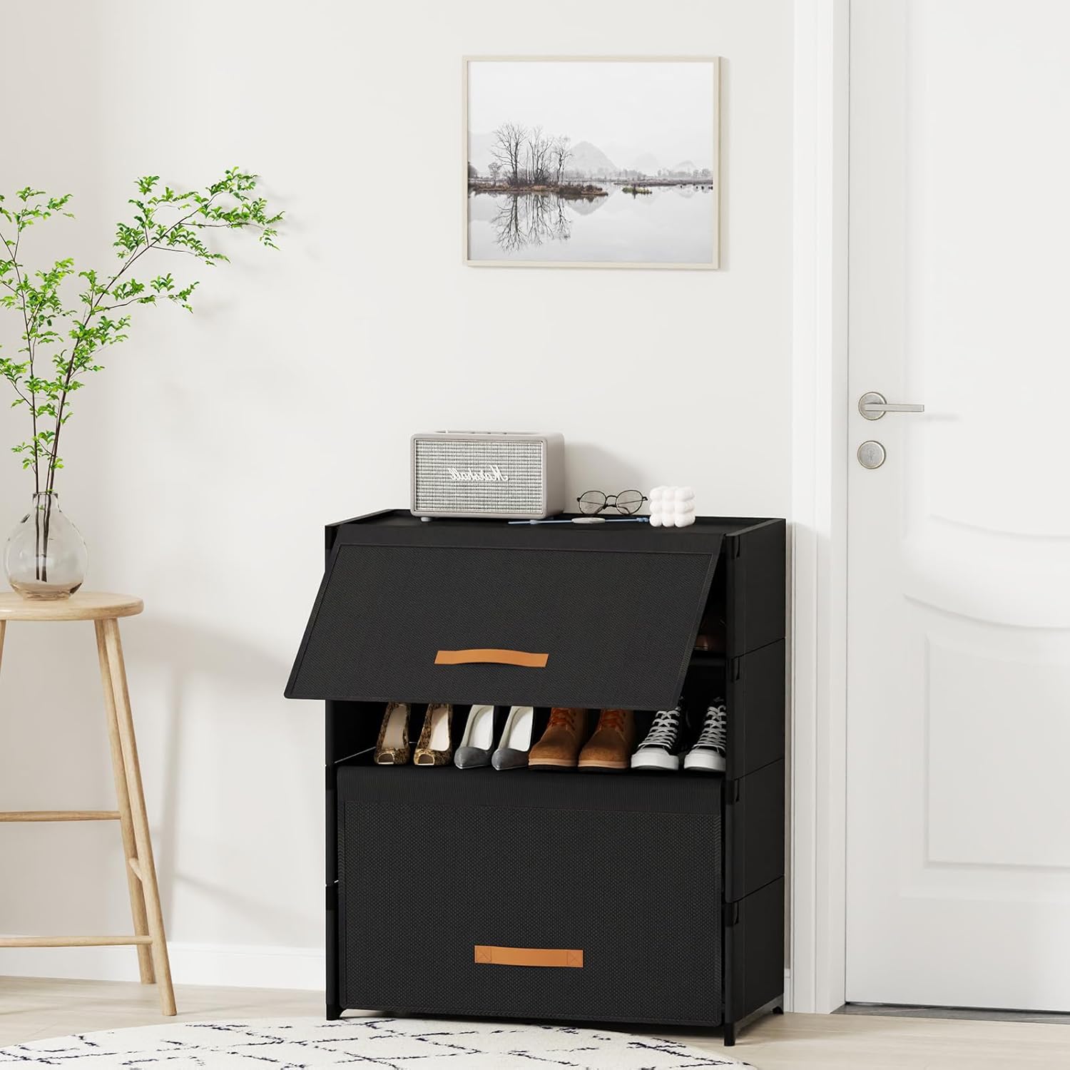 Upgraded Shoe Rack with Covers,5 Tier Shoe Storage Cabinet with Door, 20-Pair Plastic Shoe Organizer with Dustproof Cover for Closet,Bedroom,Hallway, Entryway, Black