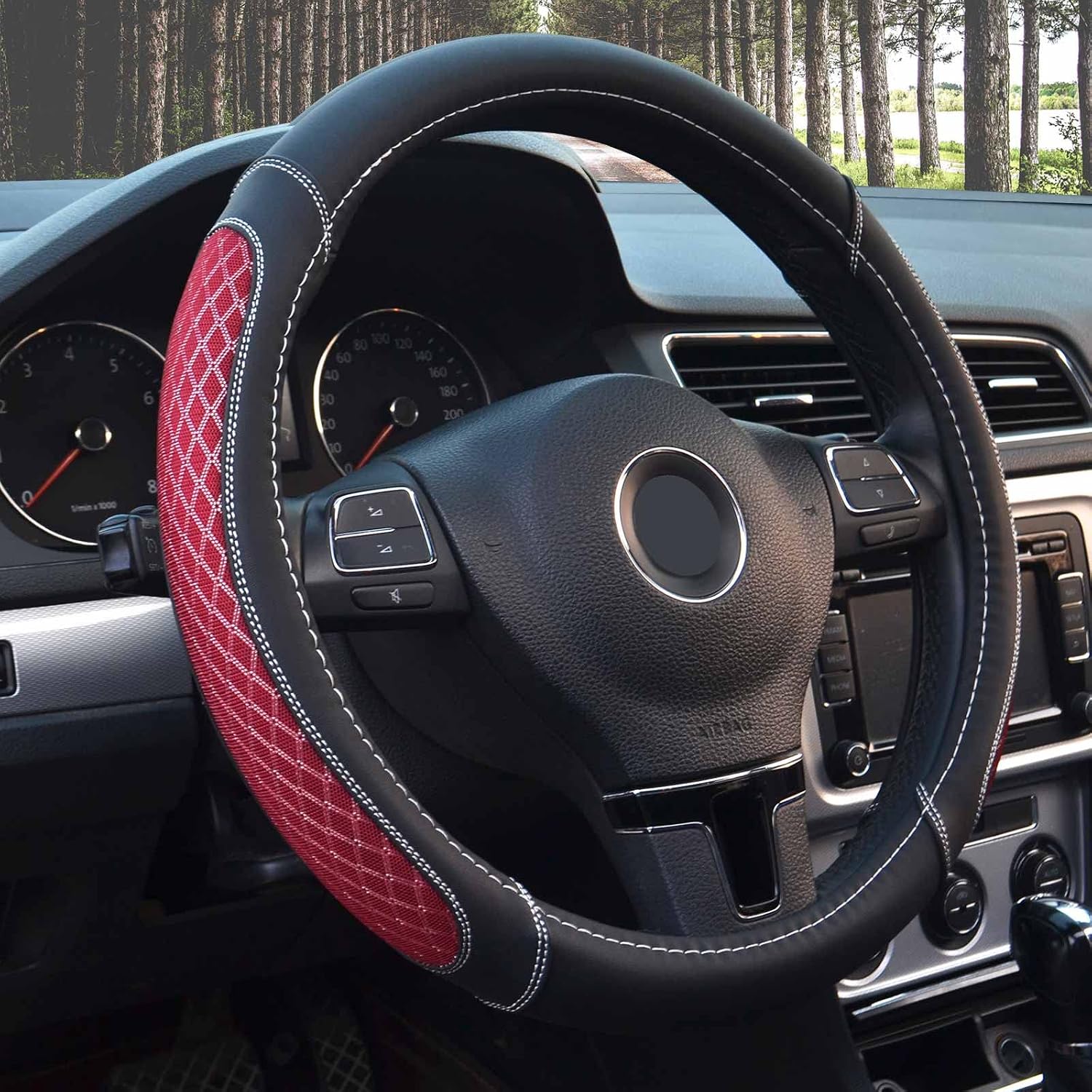 Steering Wheel Covers for Men Women Anti-Slip Microfiber Leather and Honeycomb Silk Auto Cars Interior Accessories Universal Fit 14 1/2-15 Inch (Red)