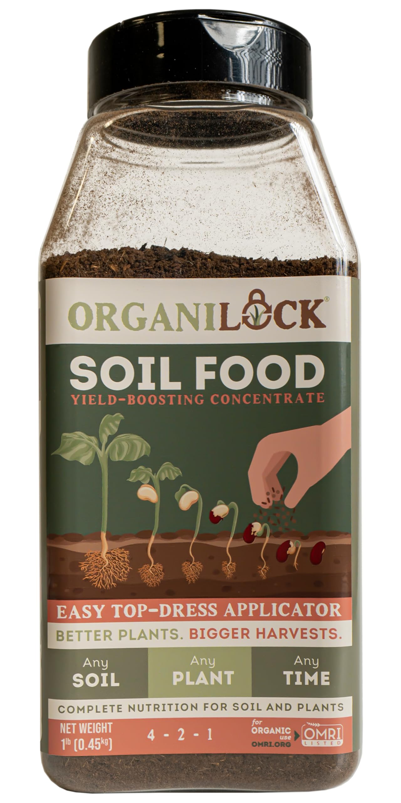 OrganiLock Soil Food - (1 Pound Shaker) | Regenerative Soil Amendment with Microbes, Microbe Food, Biochar & Organic Fertilizer | Yield-Boosting