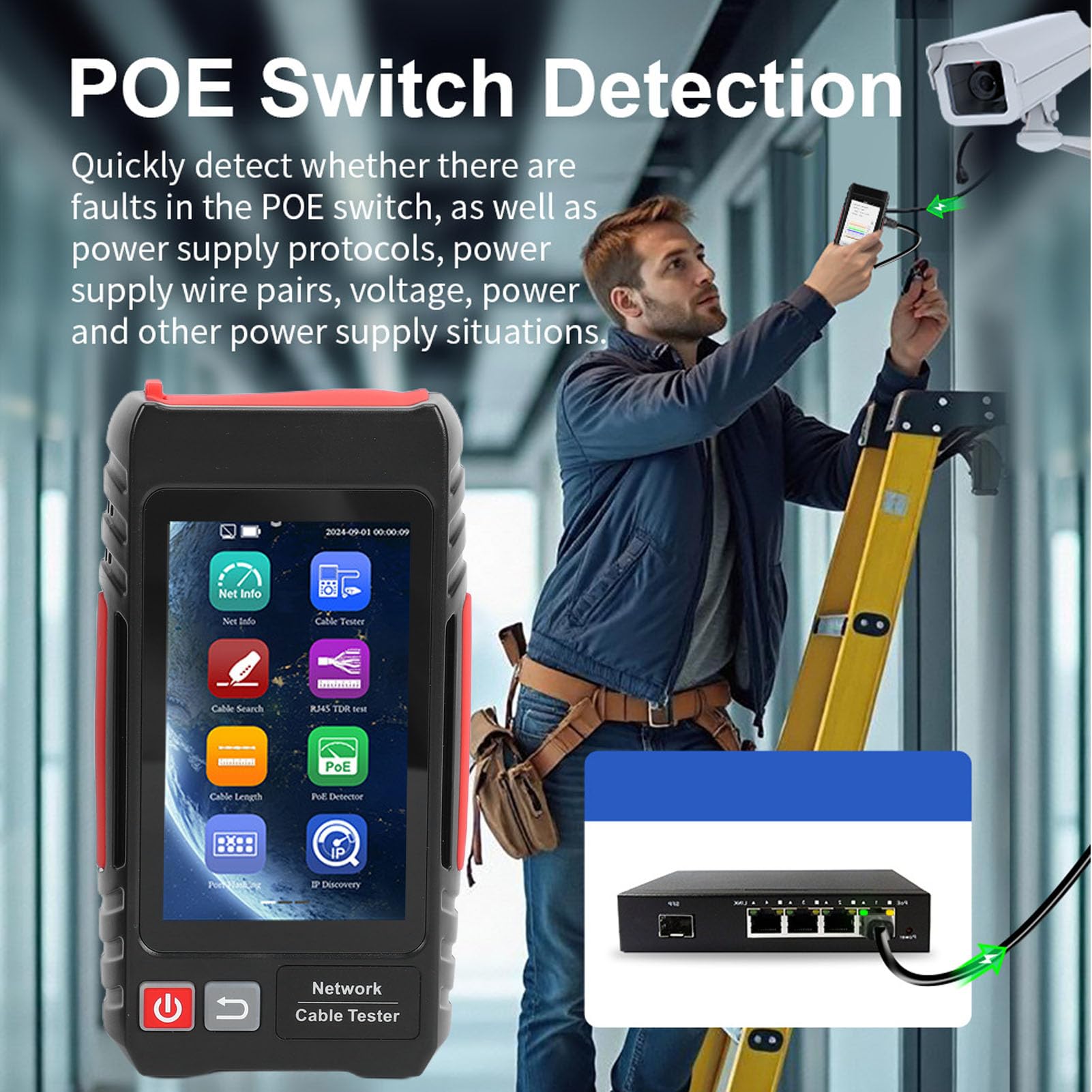 Tester per Cavi Ethernet, Tester per Cavi di Rete e Supporto Tracker Test UTP, RJ45 TDR, Misurazione FTP per RJ45, BNC, Telefonica, Cavo Metallico con Touch Screen IPS da