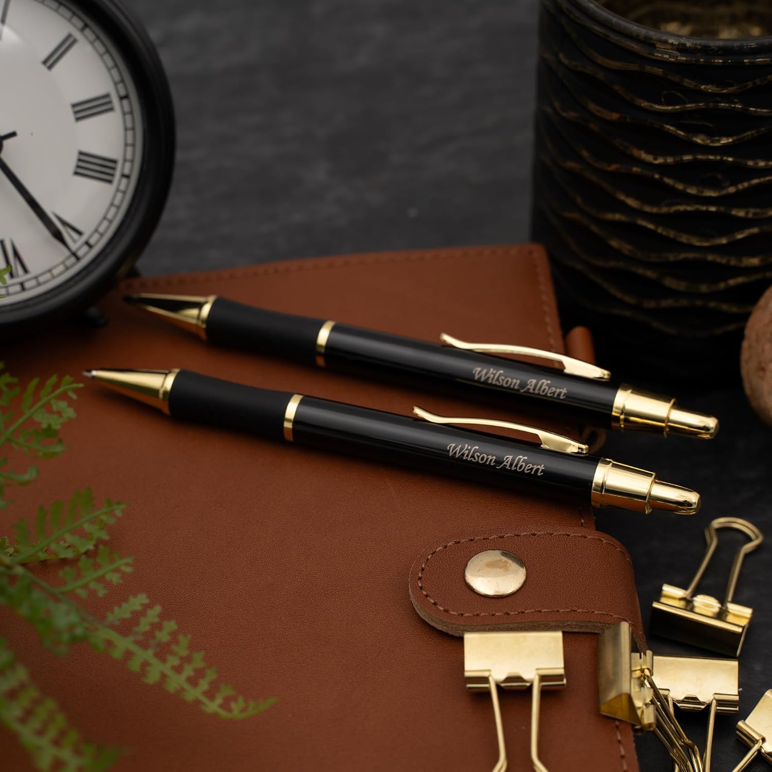 Dayspring Pens Monroe Pen and Pencil Set, Black Lacquer with Gold Accents, Custom Engraved — Graduation, Promotion, Anniversary, or New Job Gift