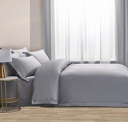 Miniatura 3 de ACCURATEX Juego de funda de edredón tamaño Queen, color gris, 400 hilos de algodón de fibra larga de tejido satinado, funda de edredón de percal de