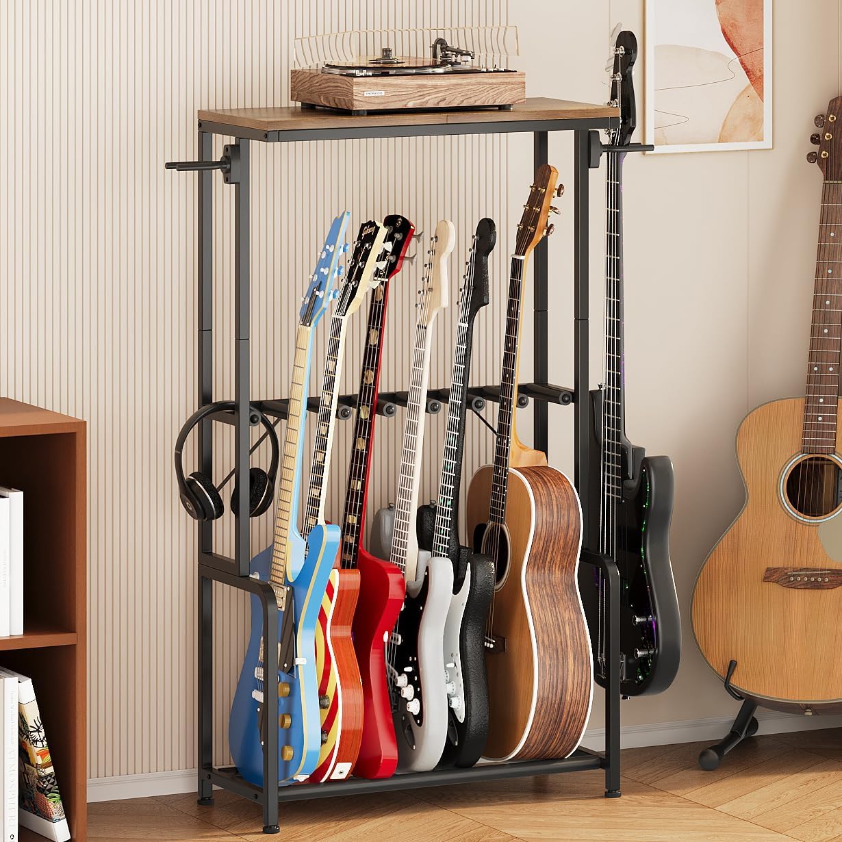 Espelism Guitar Stand for Multiple Guitars, 26" L x 12" W x 47" H Guitar Rack for Acoustic & Electric Guitars, Bass & Ukulele, Rustic Wood Top Floor Stand with Foam-Padded Metal Frame