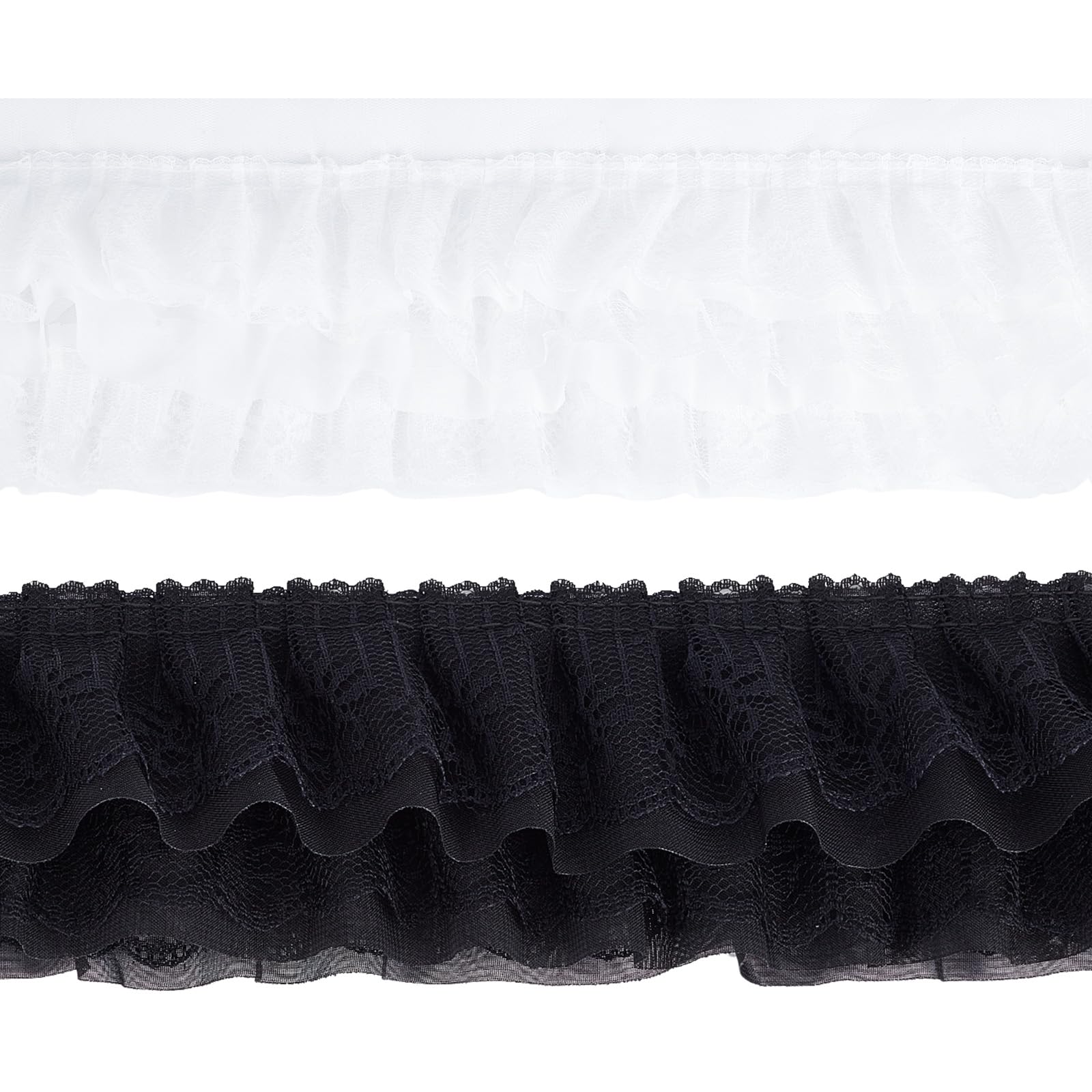 GORGECRAFT 4 m Volant 3 Strati Pizzo Rifinitura 13 cm di Larghezza Bianco Nero Pieghettato Pizzo Passamaneria Raccolto Volant Nastro Chiffon Bordo Passamaneria Tessuto per Stoffa Cucito Ricamato