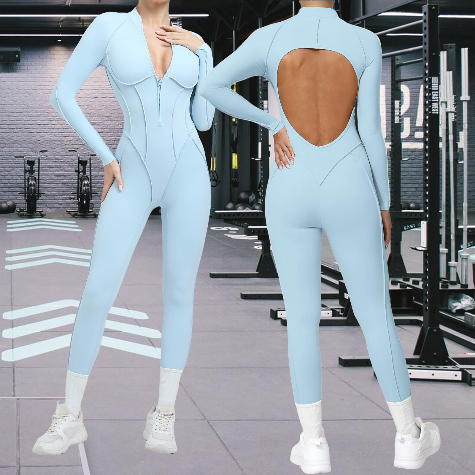 Damen Sport Jumpsuit Lang Eng Yoga Overall Langarm V-Ausschnitt Playsuits Mit Reißverschluss Jogging Strampler Hosenanzug Trainingsanzug