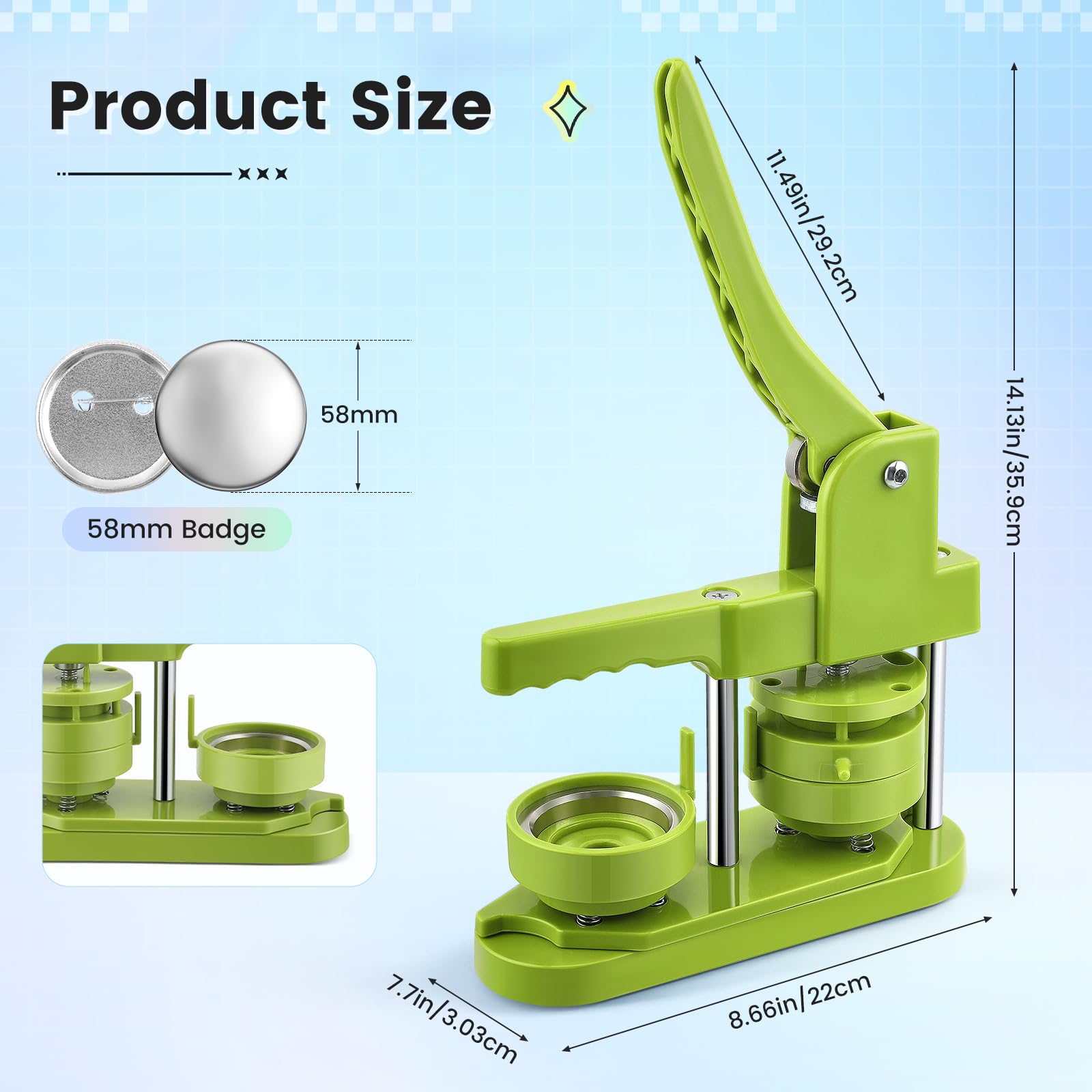 Macchina per bottoni KEYSAFER per creare badge 58 mm, set di pressa per bottoni fai da te senza installazione, con 100 parti in metallo per bottoni, lamina arcobaleno e taglierina rotonda per feste e