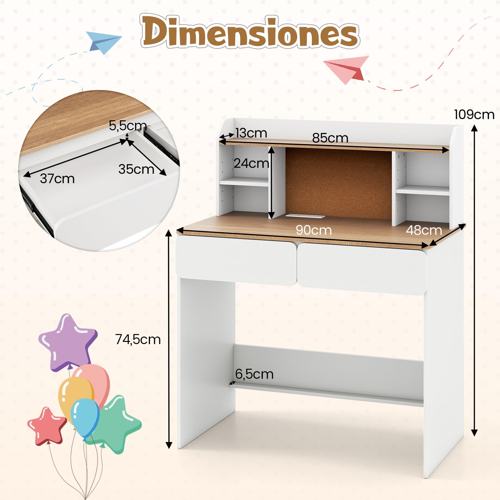 GOPLUS Escritorio Infantil con Estante, Mesa de Escritura con Tablero de Corcho y 2 Cajones, Estación de Carga y Estantes Ajustable en 5 Niveles, Escritorio Multifuncional para Estudiante de 8-12 Años