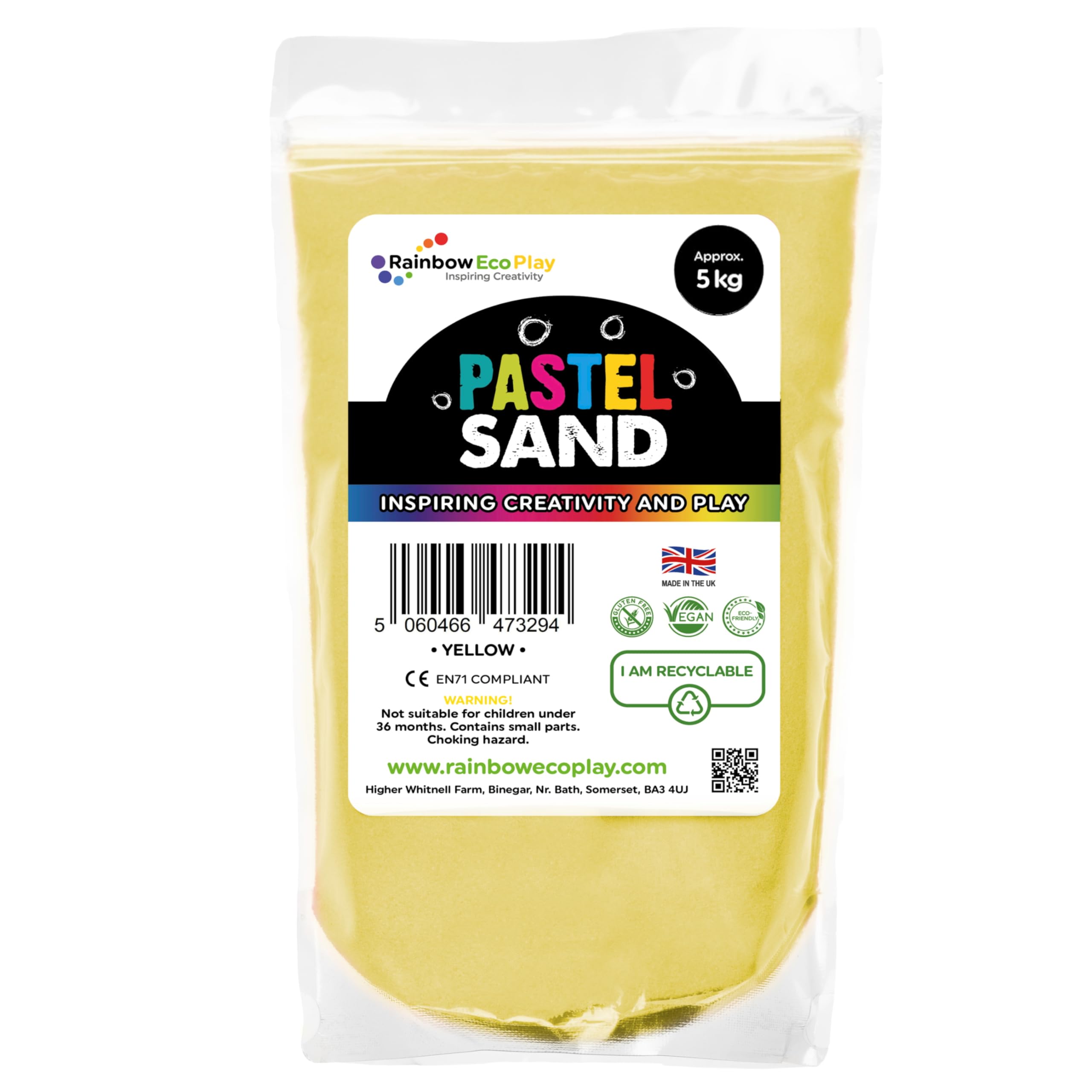 Rainbow Eco Play – Coloured Decorative Craft Sand - Pastel - Natural Play Sand - Sand Art Kits for Kids - Children Play Sand – Yellow - 5kg