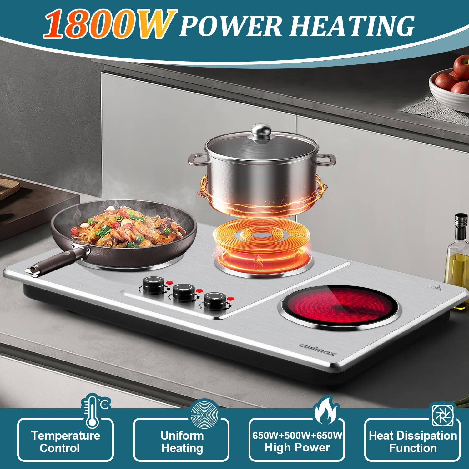 Placa eléctrica eléctrica,Encimera infrarroja triple quemador con cocina de vidrio de cerámica de 7 ″, placa caliente eléctrica para cocinar, ajuste de temperatura de 11 niveles 3