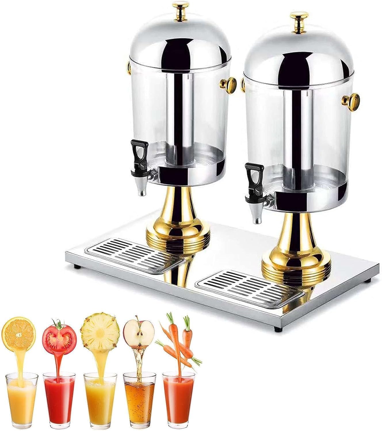 MYUYEE Stainless Steel Beverage Dispenser With Tap, 16L/ 24L Drinks Dispenser Container, Commercial Juice Dispenser, For Breakfast Buffet Bars Hotels (Gold Double Head)