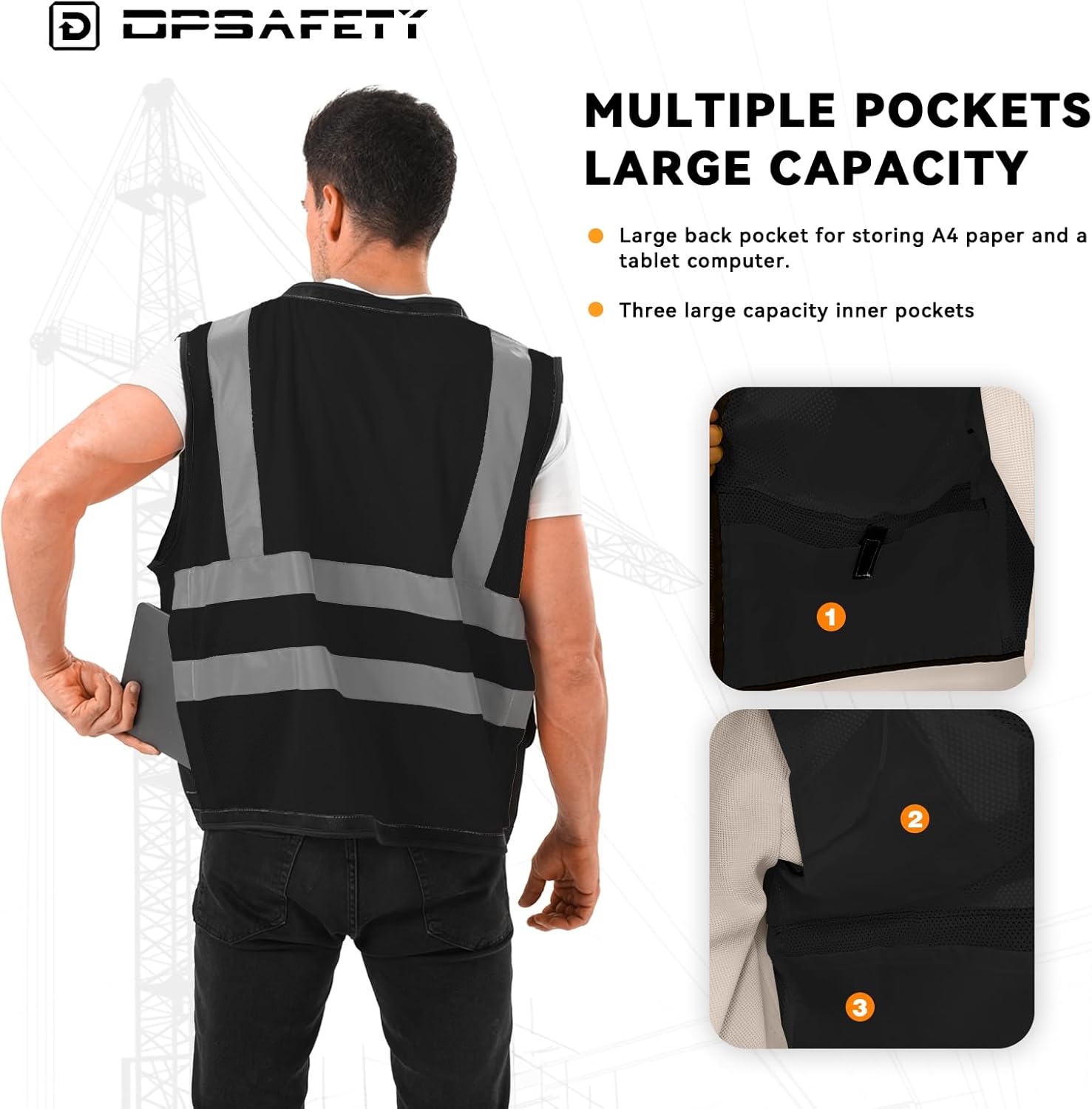 Reflective Safety vest With back plan pocket,High visibility Class 2 Heavy Duty Surveyor Vest with Zipper,Hi Vis Vest ANSI/ISEA Standard, Construction Work Vest for Men＆Women(Black,XL) - Image 2
