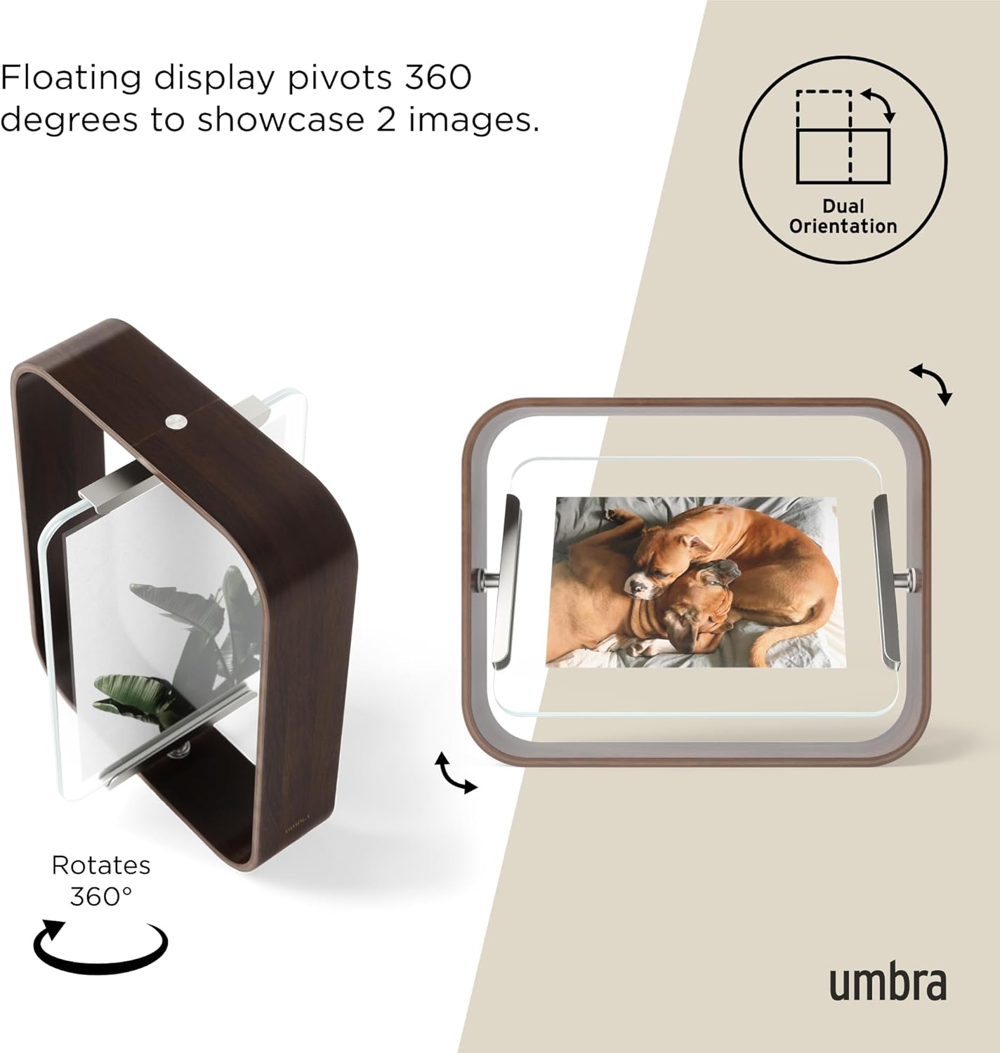 Umbra Bellwood 5x7 Desk Picture Frame with Bent Wood Trim and Two-Sided Rotating Display, Walnut