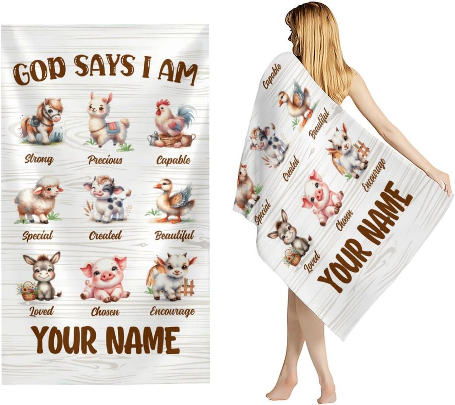 Kids Beach Towel, Custom Name God Says I Am Themed Bath Towels for Girls Women, Personalized 70" x 40" Lightweight Farm Animals Prints Beach Essentials Gift for Camping Summer