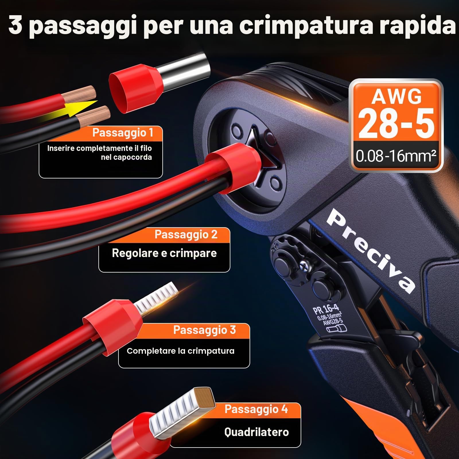 Preciva Pinza Crimpatrice con Spellacavi Elettrici,1660 Pcs Puntalini Elettrici A Crimpare [0.08-16mm²],Attrezzi Elettricista Per Spelare E Crimpare I Fili，Attrezzi Elettricista, Kit Elettricista