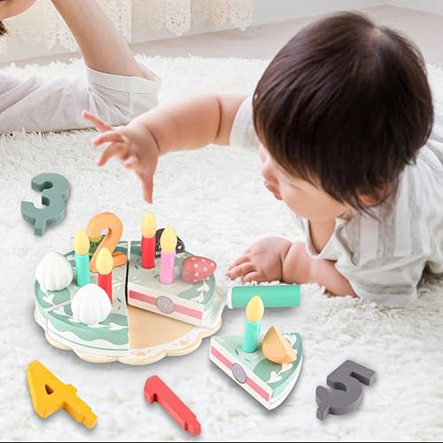 Miniatura 6 de Juego de juguetes de pastel de cumpleaños para niños, juguete de juego de comida de simulación, 24 piezas de madera para niños, despierta la