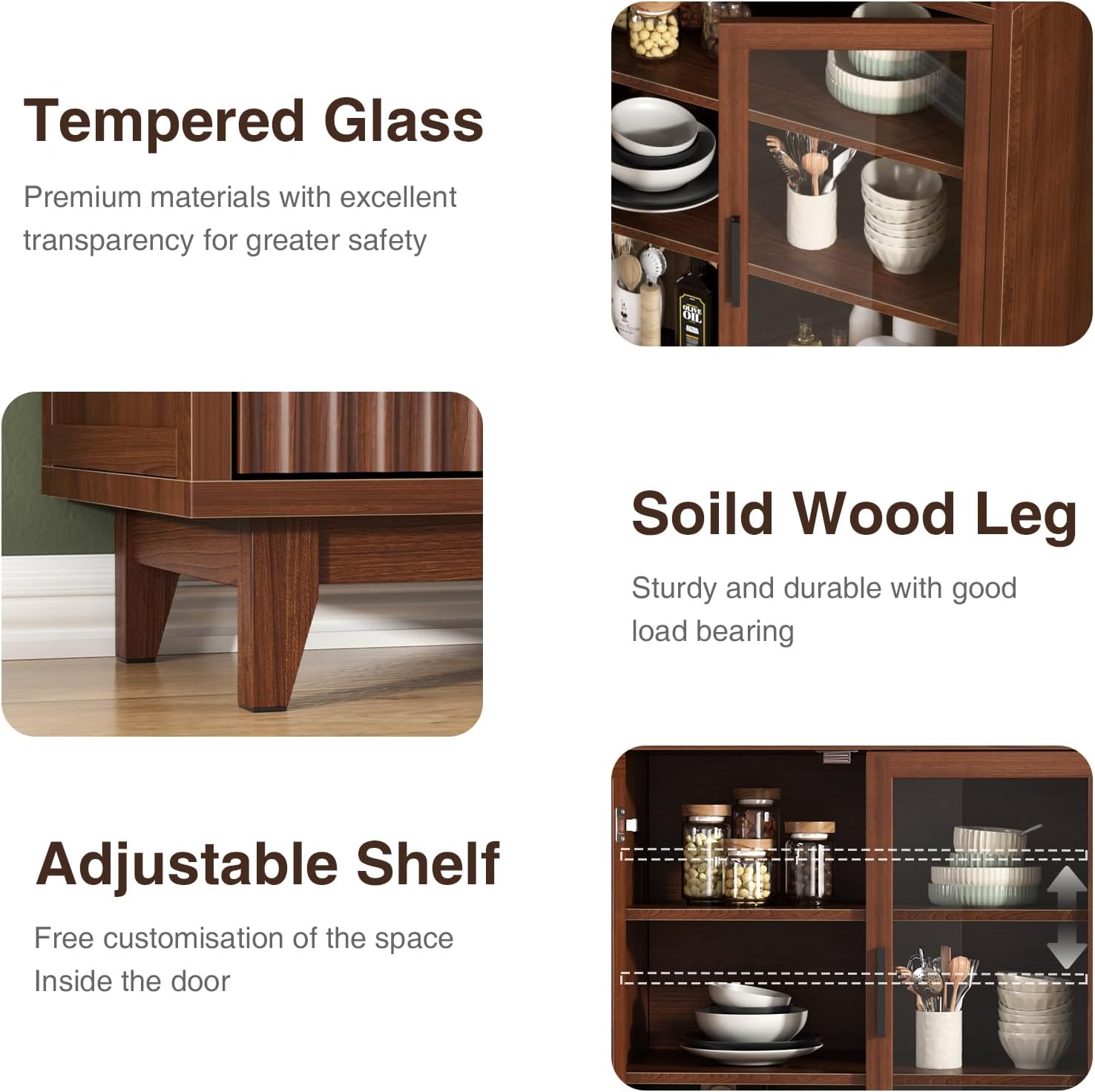 Kitchen Pantry Cabinet with Glass Doors - Arched Design, Solid Wood Legs, Artistic Fluted Door, Adjustable Shelves, 70.8" Curved Storage Cabinet for Kitchen, Dining Room