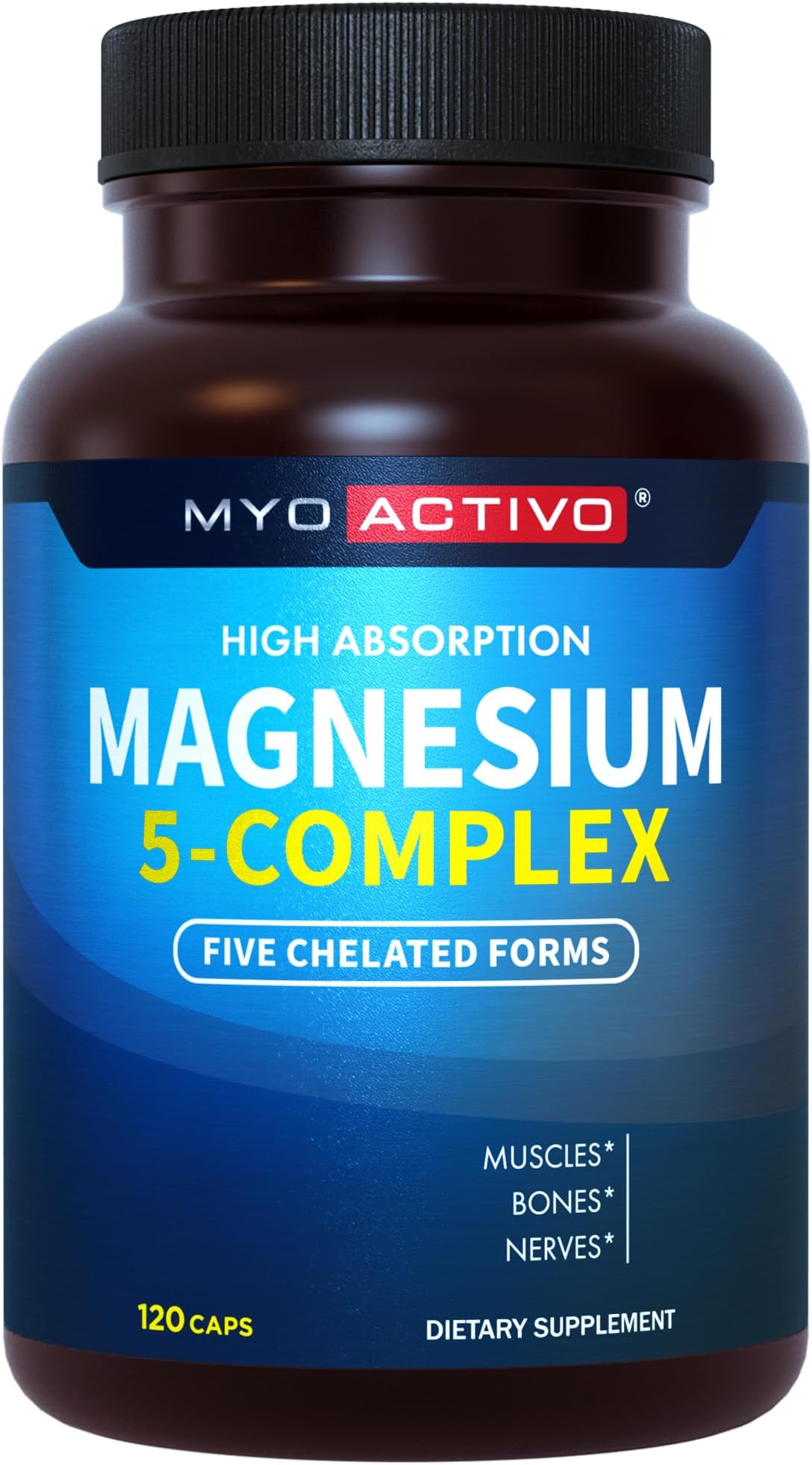 MyoActivo 5-in-1 Magnesium Complex - High Absorption - Chelated Magnesium Glycinate, Malate, Citrate, Taurate, & Aspartate for Nerves, Muscles, Bones | 120 Capsules | Magnesium Supplement