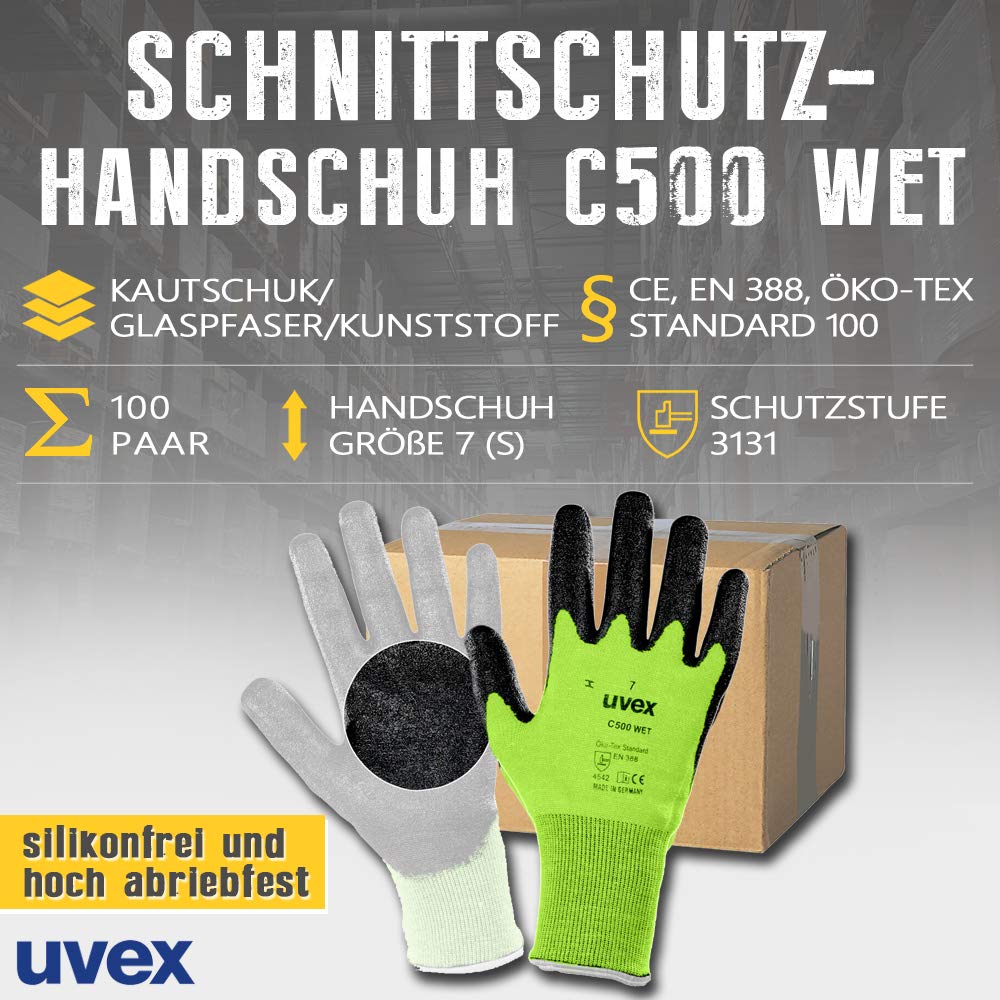 UVEX C500 Wet 60492 - Guantes anticortes (talla 7, tejido mixto, fibra de vidrio, plástico, caucho, 100 pares)
