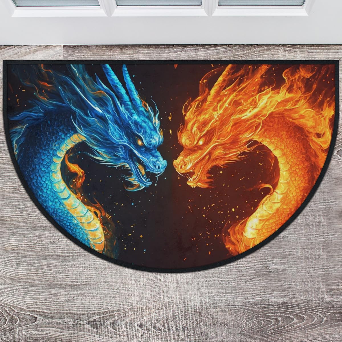 Half Circle Door Mat Outdoor Indoor Dragon Semi Circle Rug Non-Slip Rubber Back Doormat for Home Entrance Outside, 36x24 Inch