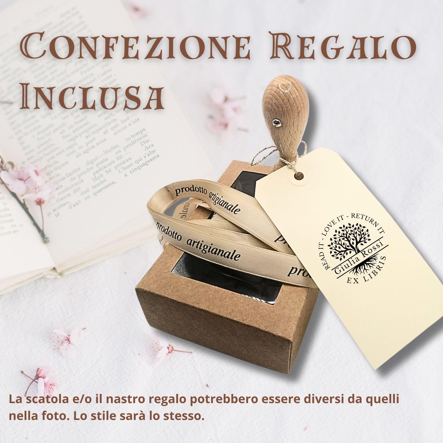 Ex Libris Personalizzabile Timbro Personalizzato in Legno Albero della Vita Idea Regalo con Scatola e Nastro 6 Grafiche Inchiostro Nero
