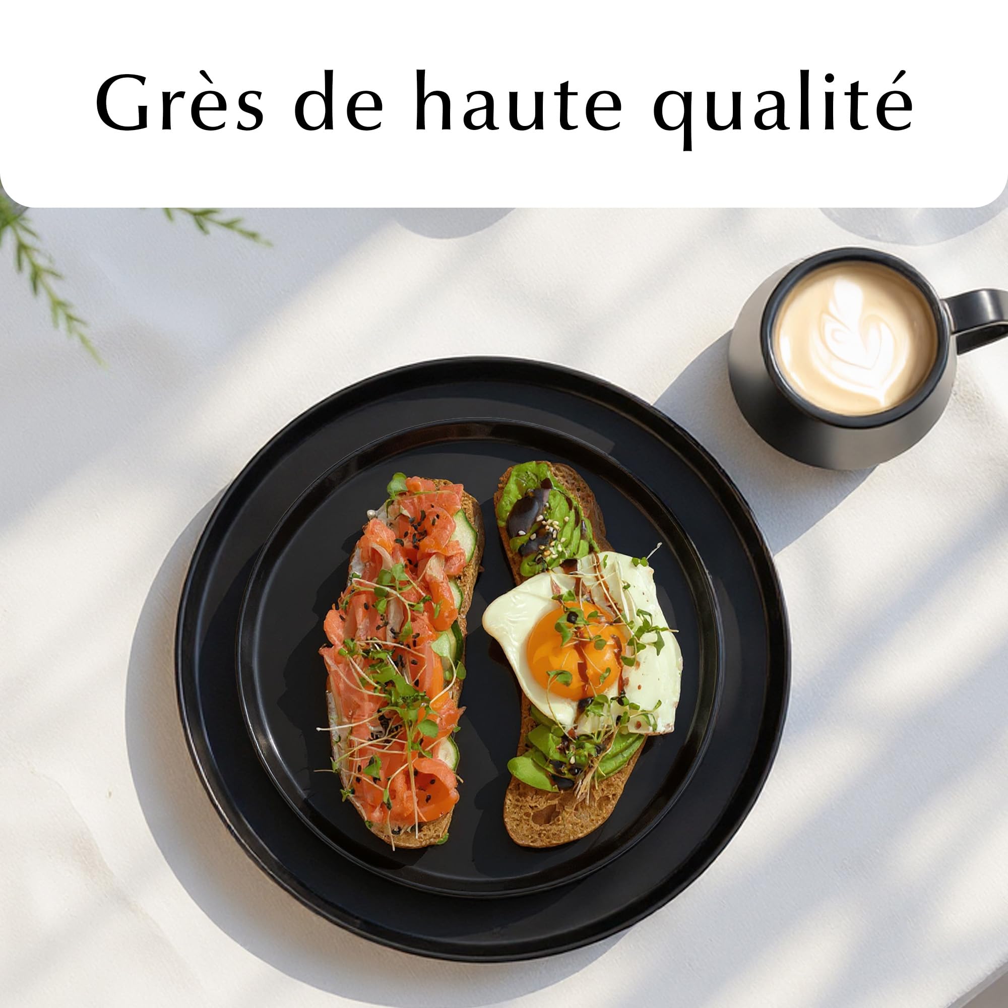 MIAMIO – Ensemble d'assiettes plates en céramique pour 4 personnes/Vaisselle en céramique 4 pièces, assiettes modernes en grès – Collection Luxe (Noir, Grande assiette (4x))